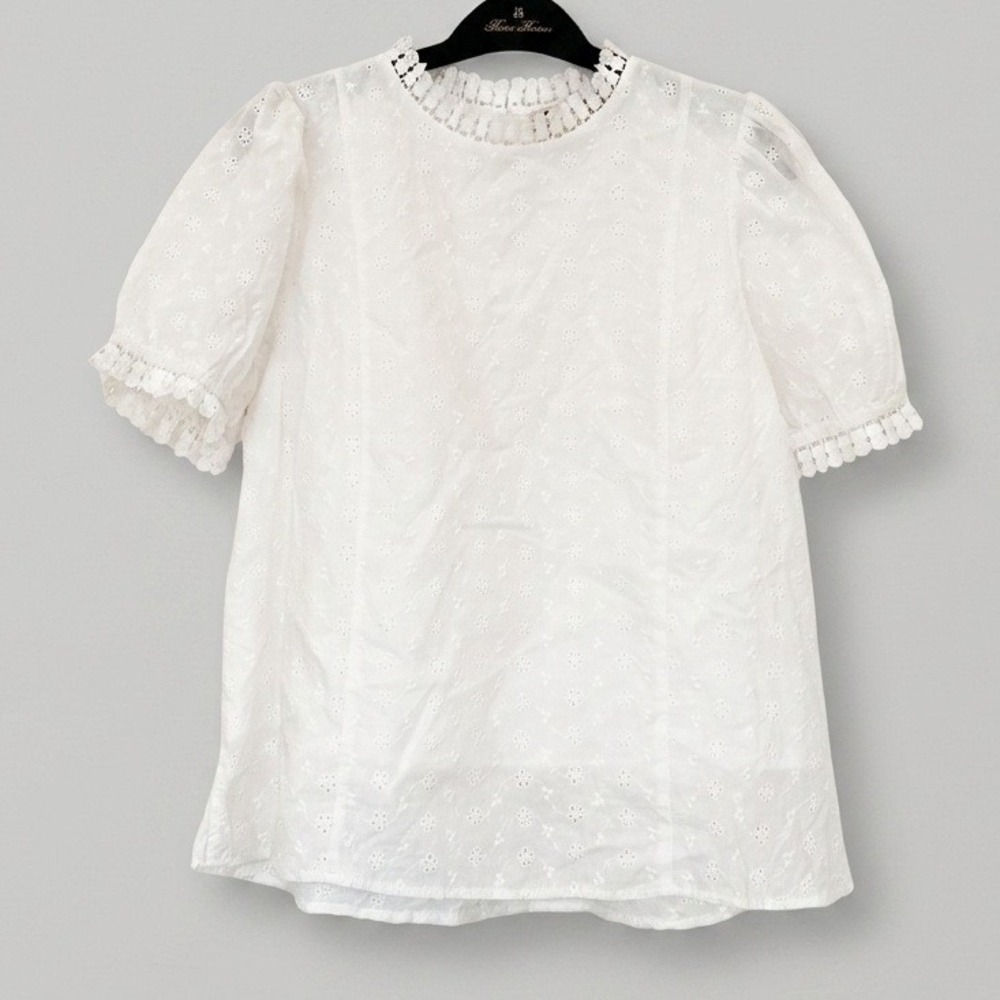Savannah Jane White Cotton Eyelet Lace Puff Sleeve Blouse Top Style Cottagecore